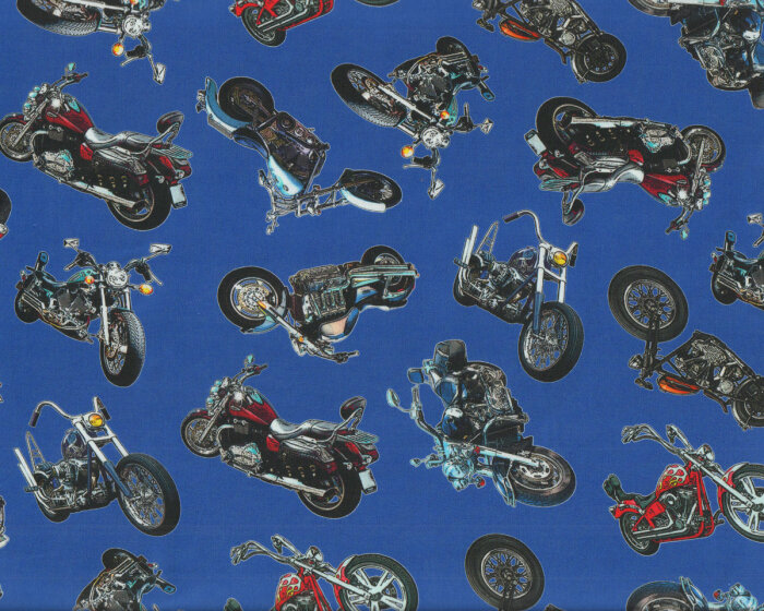 Patchworkstoff ON THE ROAD, Motorräder, blau, Robert Kaufman