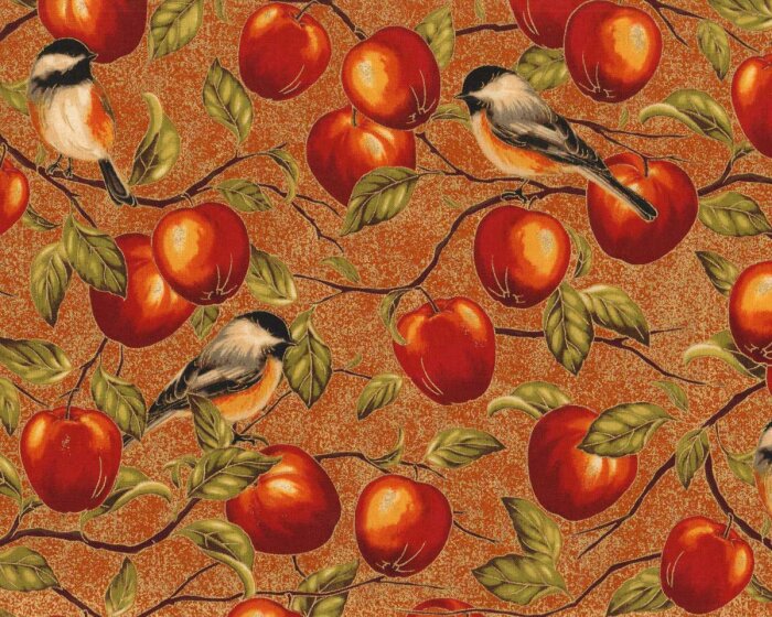 Metallic-Patchworkstoff BOUNTY OF THE SEASON, Äpfel und Meisen, goldbraun, Robert Kaufman