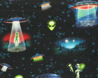 Patchworkstoff AREA 51, UFOs mit Aliens, schwarz, Robert...