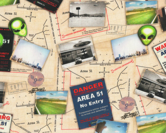 Patchworkstoff AREA 51, Landkarte mit Aliens, beige, Robert Kaufman