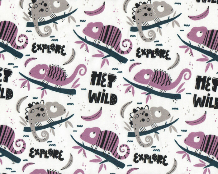 Baumwolljersey WILD CHAMELEON, Chamäleons, weiß