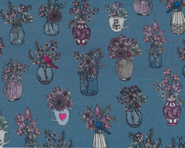 B-Ware Sweatstoff French Terry ALL MY FLOWERS, Blumenvasen, jeansblau, Lila Lotta