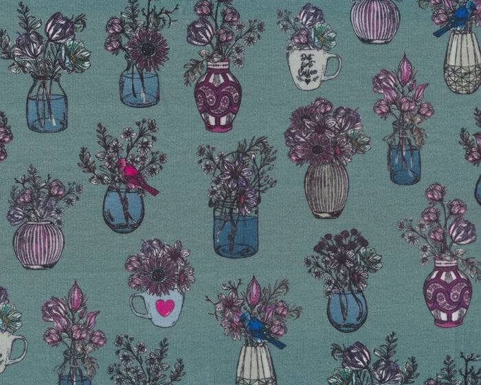 B-Ware Sweatstoff French Terry ALL MY FLOWERS, Blumenvasen, graugrün, Lila Lotta