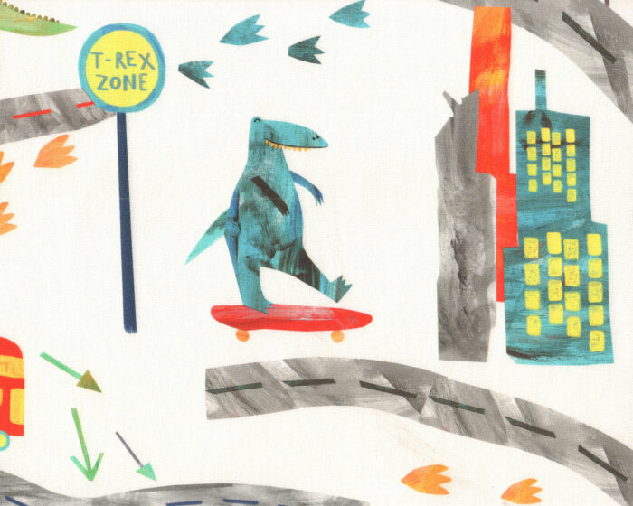 Dekostoff BIG ADVENTURE, Dinos in der Stadt, wollweiß, Clarke & Clarke