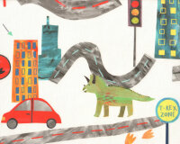 Dekostoff BIG ADVENTURE, Dinos in der Stadt, wollweiß, Clarke & Clarke