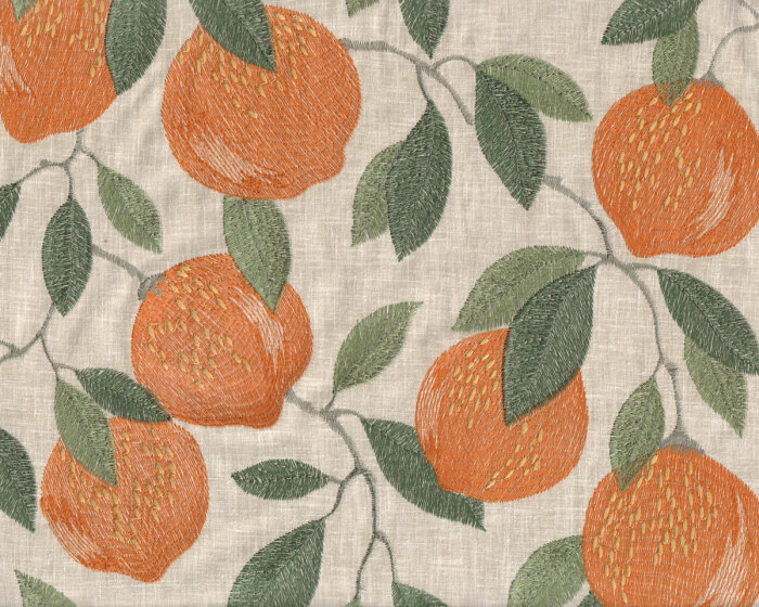Dekostoff mit Stickerei POMARIUM, Zitrusfrüchte, orange, Clarke & Clarke