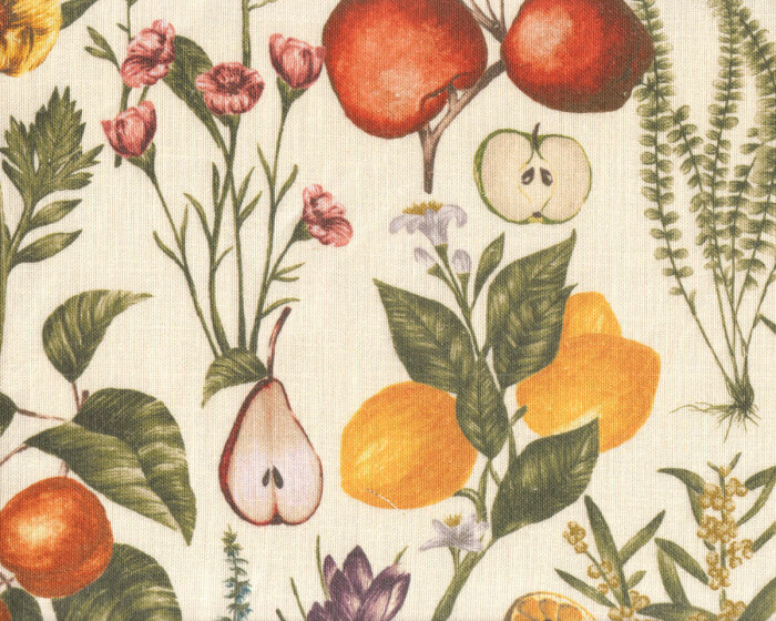 Dekoleinenstoff mit Viskose POMARIUM, Obstgarten, natur hell, Clarke & Clarke