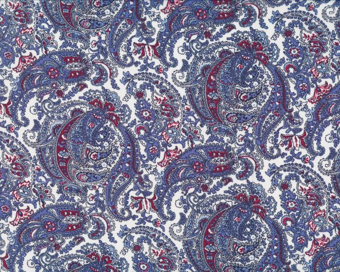 Futterstoff, bedruckter Taft aus Viskose, florale Paisleys, weiß-blau