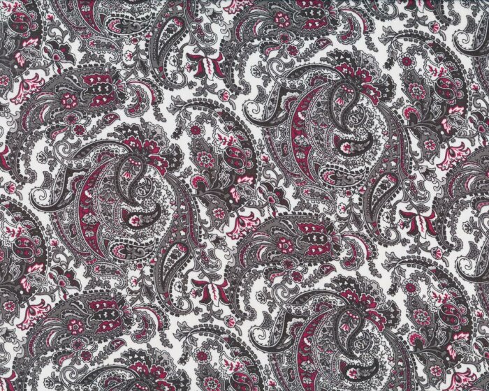 Futterstoff, bedruckter Taft aus Viskose, florale Paisleys, weiß-schwarz