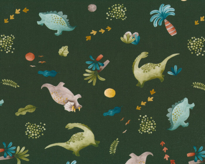 Baumwolljersey DINO MINI, kleine Dinos, moosgrün, Hilco