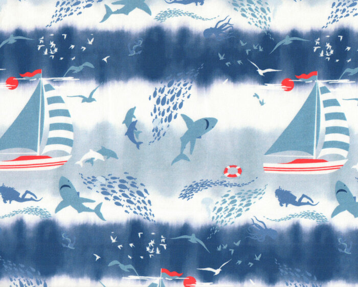 Sweatstoff OCEAN HAI, Segelboote und Taucher, blau-weiß, Hilco