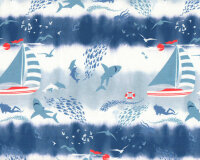 Sweatstoff OCEAN HAI, Segelboote und Taucher, blau-weiß,...