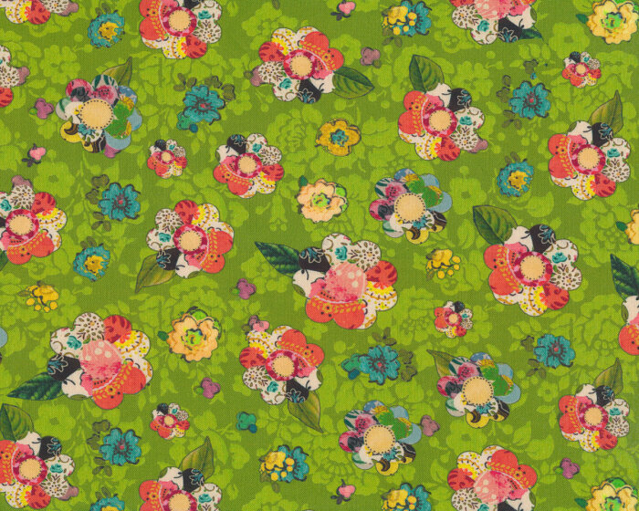 Patchworkstoff Soulshine and Daydreams, Collage-Blüten, limette, Kelly Rae Roberts