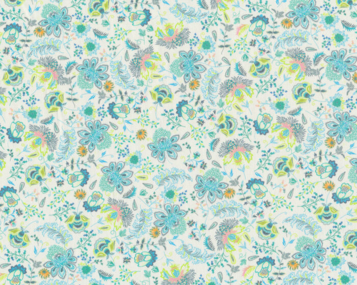 Baumwollstoff Popeline FLOWER PRINTS, Paisley-Blüten, türkis