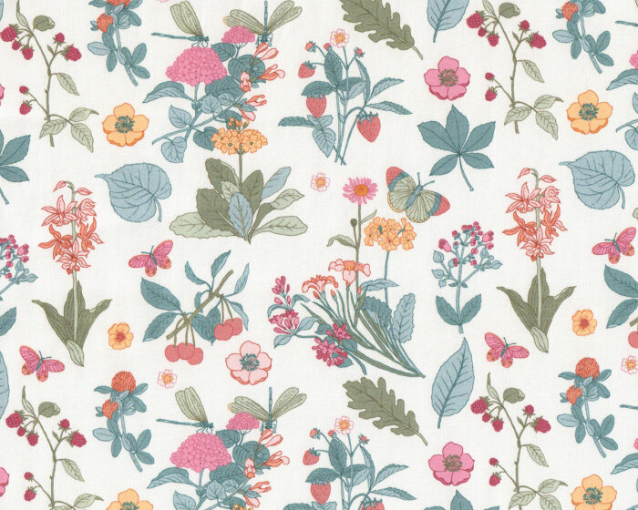 Baumwolljersey BOTANIC FLOWERS, Blumen & Schmetterlinge, weiß, Hilco