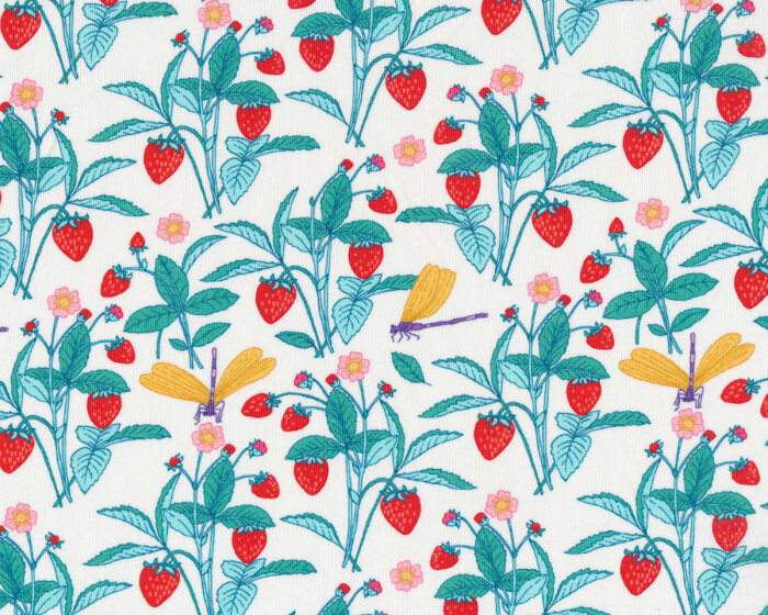 Baumwolljersey BOTANIC STRAYBY, Erdbeeren & Libellen, rot, Hilco