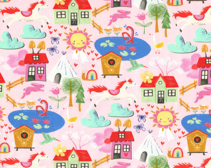 Baumwolljersey HAPPY VILLAGE, Einhörner im Märchenland, rosa, Hilco