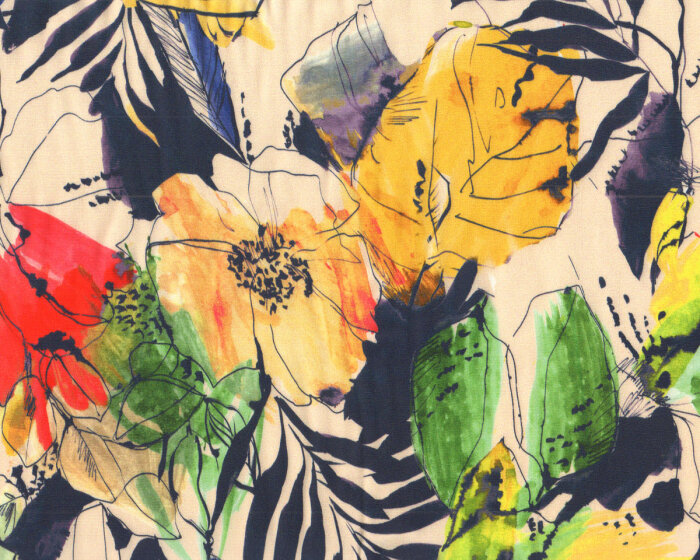 Viskosestoff DOLF, Aquarell-Blumen, hellbeige, Hilco