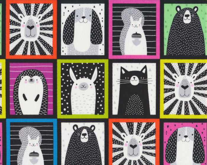 Patchworkstoff BLACK AND WHITE with a touch of bright, Tier-Porträts, bunt, Studio E