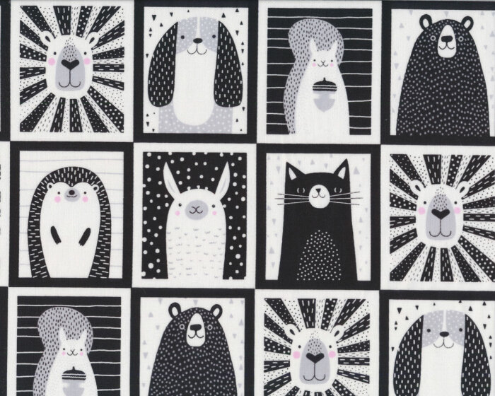 Patchworkstoff BLACK AND WHITE with a touch of bright, Tier-Porträts, schwarz-weiß, Studio E