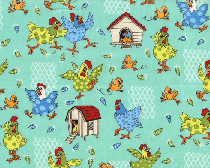 Patchworkstoff FARM FUN, Hühner am Hühnerstall, türkis, Nutex
