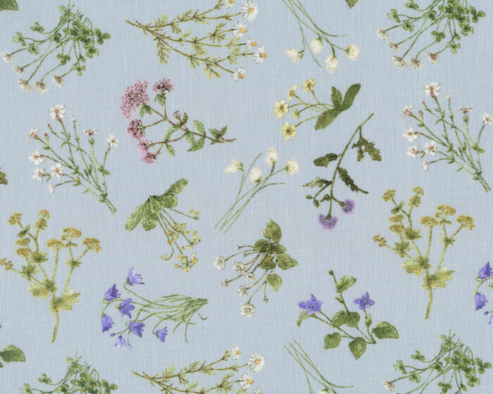 Patchworkstoff MIDSUMMER, kleine Wiesenblumen, hellblau, Windham Fabrics