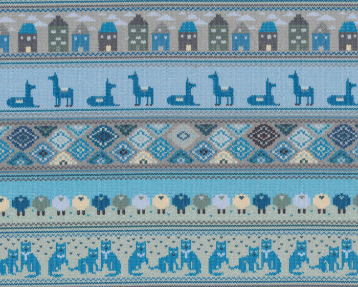 Patchworkstoff KNITTING HOOK, Strickmuster mit Lamas, blau