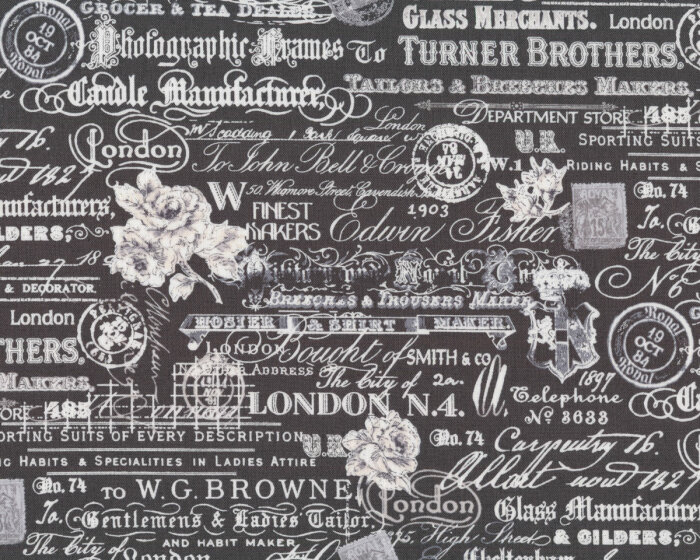 Patchworkstoff LONDON, Schrift, dunkelgrau, Windham Fabrics