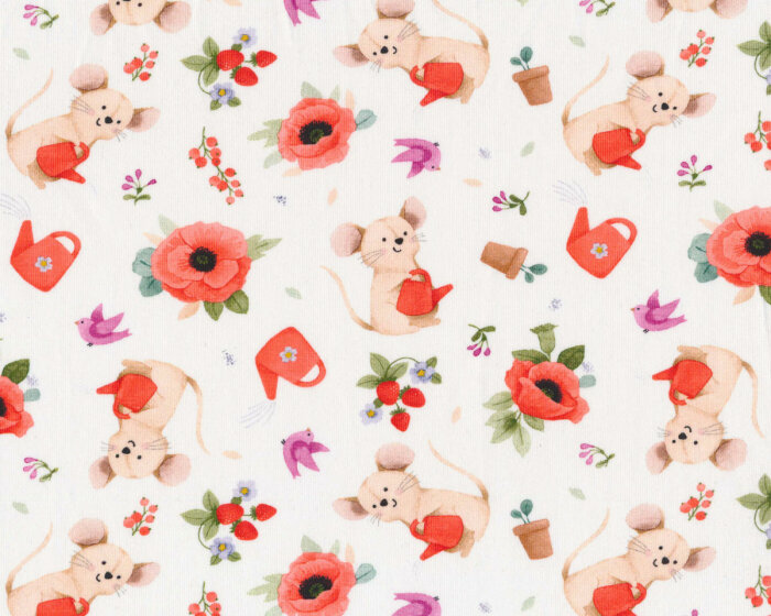 Baumwolljersey POPPIES GARDEN, Mäuschen & Mohnblumen, hellrot, Hilco