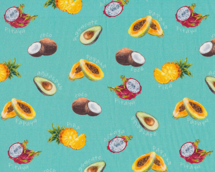 Baumwollstoff ANDALE FRUTAS, exotische Früchte, türkis, Patricia Meyer