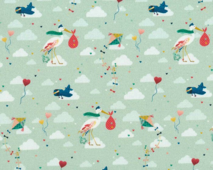 Interlock Westfalenstoffe JUNGE LINIE, Storch mit Baby, mintgrün