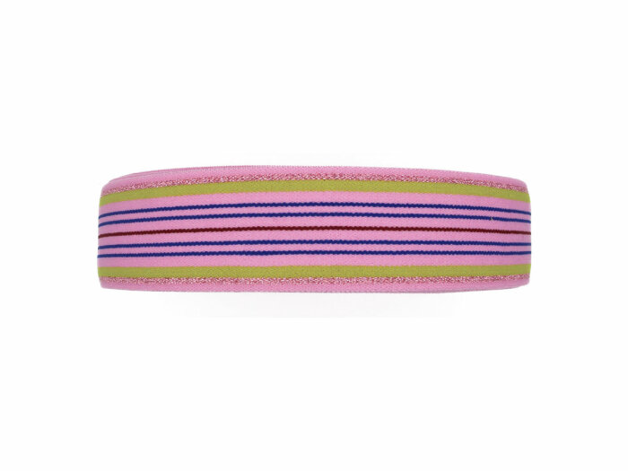 Gummiband LUREX, Streifen-Rapport mit Metallicfäden, 35 mm rosa-grün