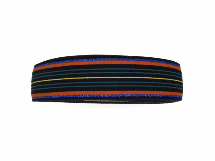 Gummiband LUREX, Streifen-Rapport mit Metallicfäden, 35 mm dunkelblau-orange