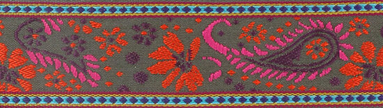Jacquardband GALON FLEUR, Blumengeflecht, 35 mm breit, 4 Farben fuchsia-orange-schlammbraun