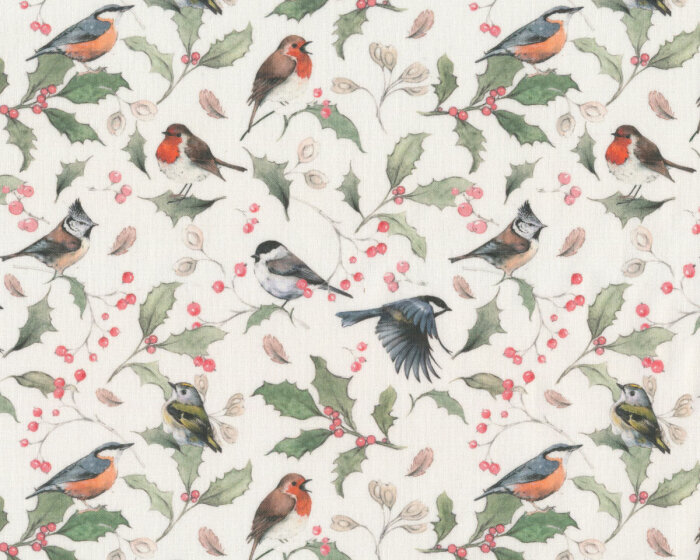 Baumwollstoff WINTERVÖGEL, Vögel & Mistelweige, Acufactum
