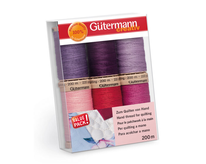 Quiltfadenset zum Handquilten, 6 Quiltgarne, lila-rosa, Gütermann