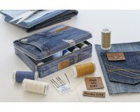 Jeans-Blechbox Nähfaden DENIM, 12 Jeansgarne mit Jeansnadeln & Labels, Gütermann