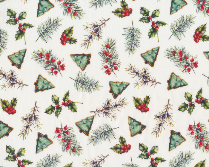 Weihachtsstoff mit Plätzchen und Kiefernzweigen
