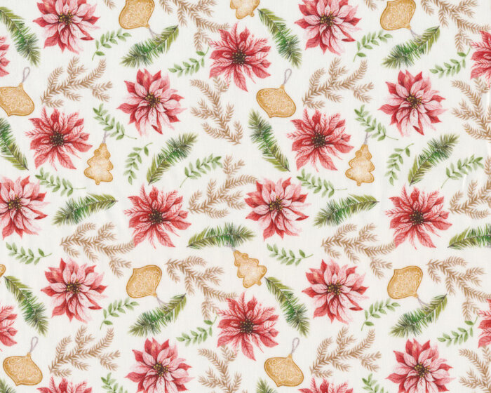 Weihnachtsstoff mit Weihnachtsternen und Anhängern