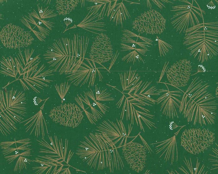 Metallic-Patchworkstoff HOLIDAY SPARKLE, Kiefernzweige, grün-gold, Benartex