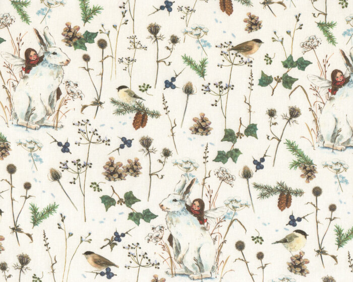 Baumwollstoff WINTERMÄRCHEN, Kaninchen mit Elfe, Acufactum
