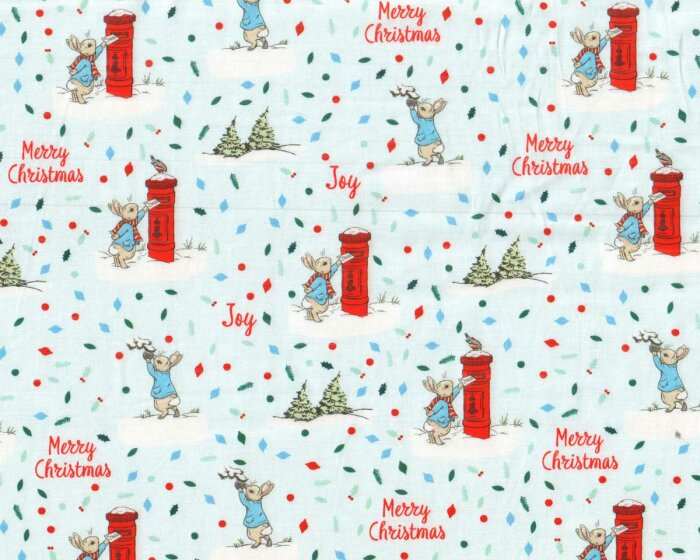 Patchworkstoff PETER RABBIT, Hasen mit Weihnachtspost, hellblau, Beatrix Potter