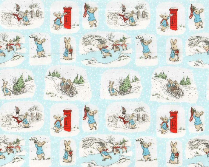 Patchworkstoff PETER RABBIT, Hase und Schneemann, hellblau, Beatrix Potter