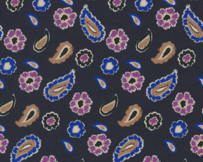 Italienischer Viskosestoff DALIA, Paisley-Blüten, nachtblau