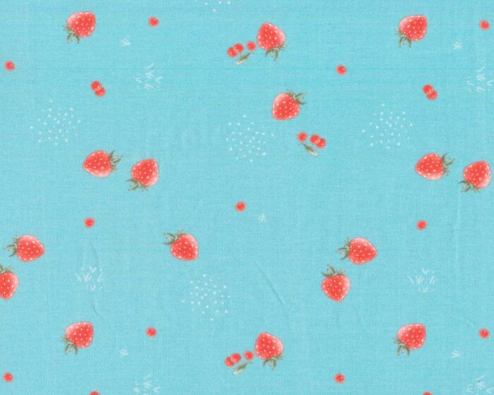 Baumwolljersey MINI FRUITS, Erdbeeren, hellblau, Hilco