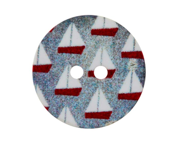 Kunststoffknopf VINTAGE-MARITIM, Segelboote und Streifen, Union Knopf rot-weiß