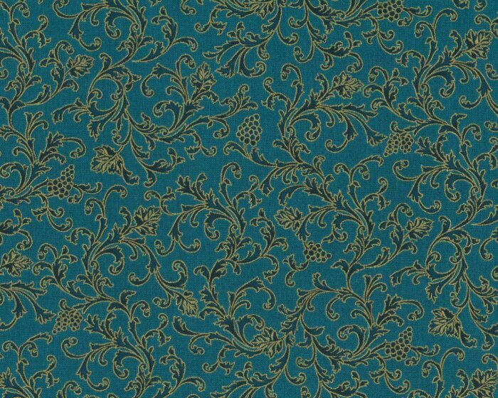 Metallic-Patchworkstoff NATURES HARVEST, Blattranken, petrol-gold, Robert Kaufmann