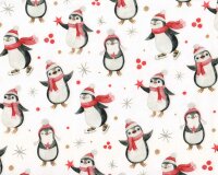 Sweatstoff HOLLY, Pinguine, weiß-rot