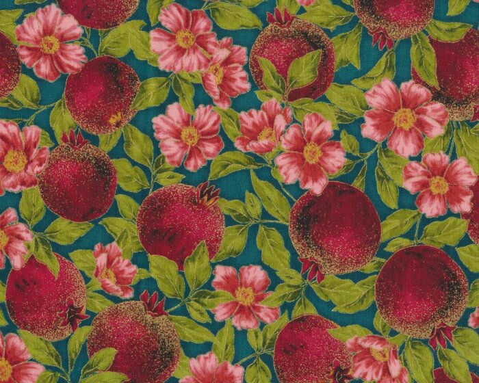 Metallic-Patchworkstoff NATURES HARVEST, Granatapfel, petrol-gold, Robert Kaufmann