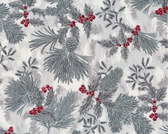 Metallic-Patchworkstoff HOLIDAY FLOURISH, Ilex und Zapfen, weiß-silber, Robert Kaufman
